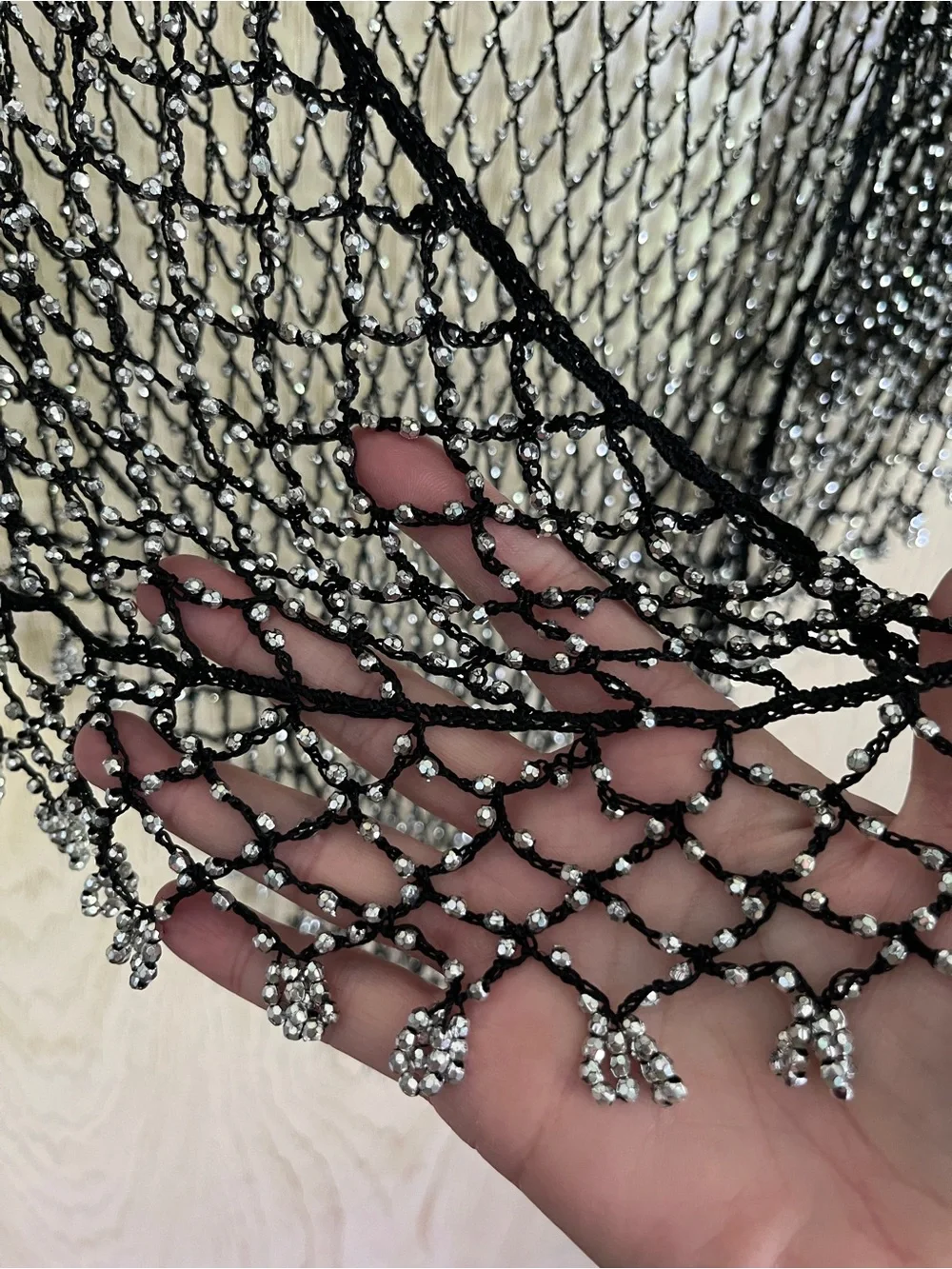 SILVER BEADED Fishnet Crochet Black CROCHET Boho Shawl